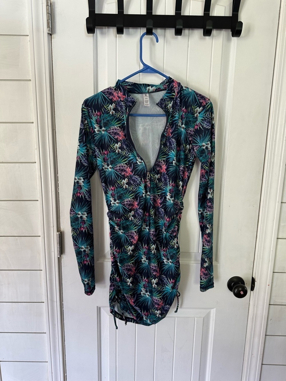 Kyodan Navy Floral Zip-Up Swim dress with Teal and Pink Accents